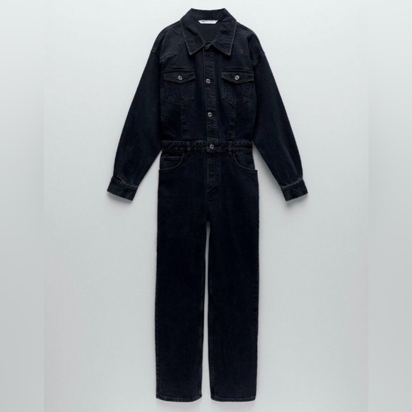 NWT ZARA LONG DENIM JUMPSUIT SIZE XS BLACK 6840/256/800 - Picture 1 of 8